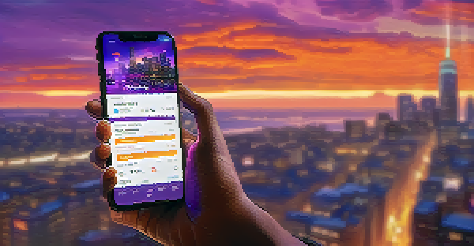 A close-up of a hand holding a smartphone with a Tornado Cash interface, with a vibrant city skyline in the background.