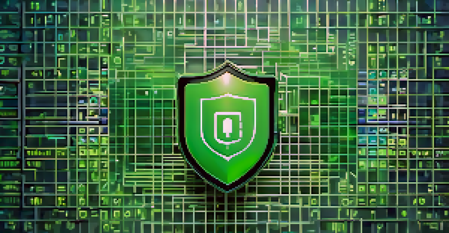 An abstract image illustrating a security audit with a glowing shield symbol over a matrix of code and numbers.