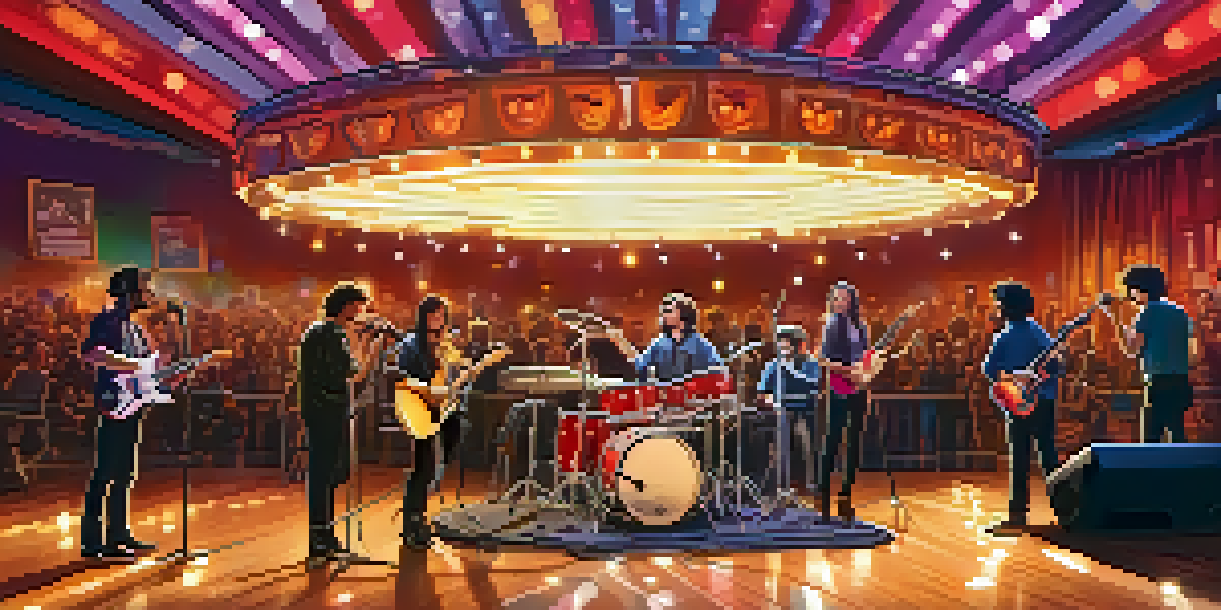 A small band performing live in a cozy venue, with colorful lights and an engaged audience holding smartphones.