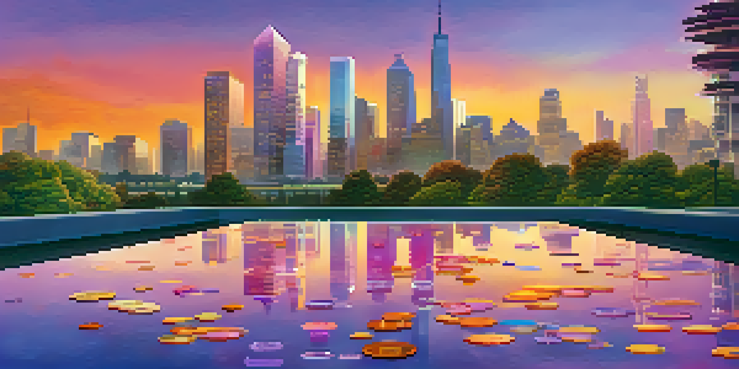 A modern city skyline during sunset with digital tokens floating above the buildings, and a park in the foreground filled with people.