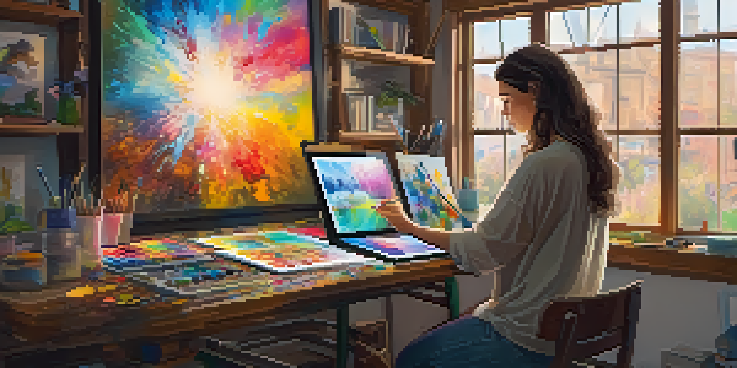 An artist in a colorful digital art studio, painting on a tablet with framed artworks around them.