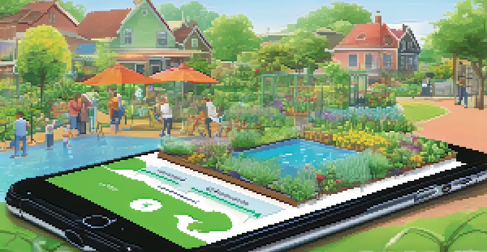 A smartphone displaying water usage data in a community garden, showcasing modern technology in water management.