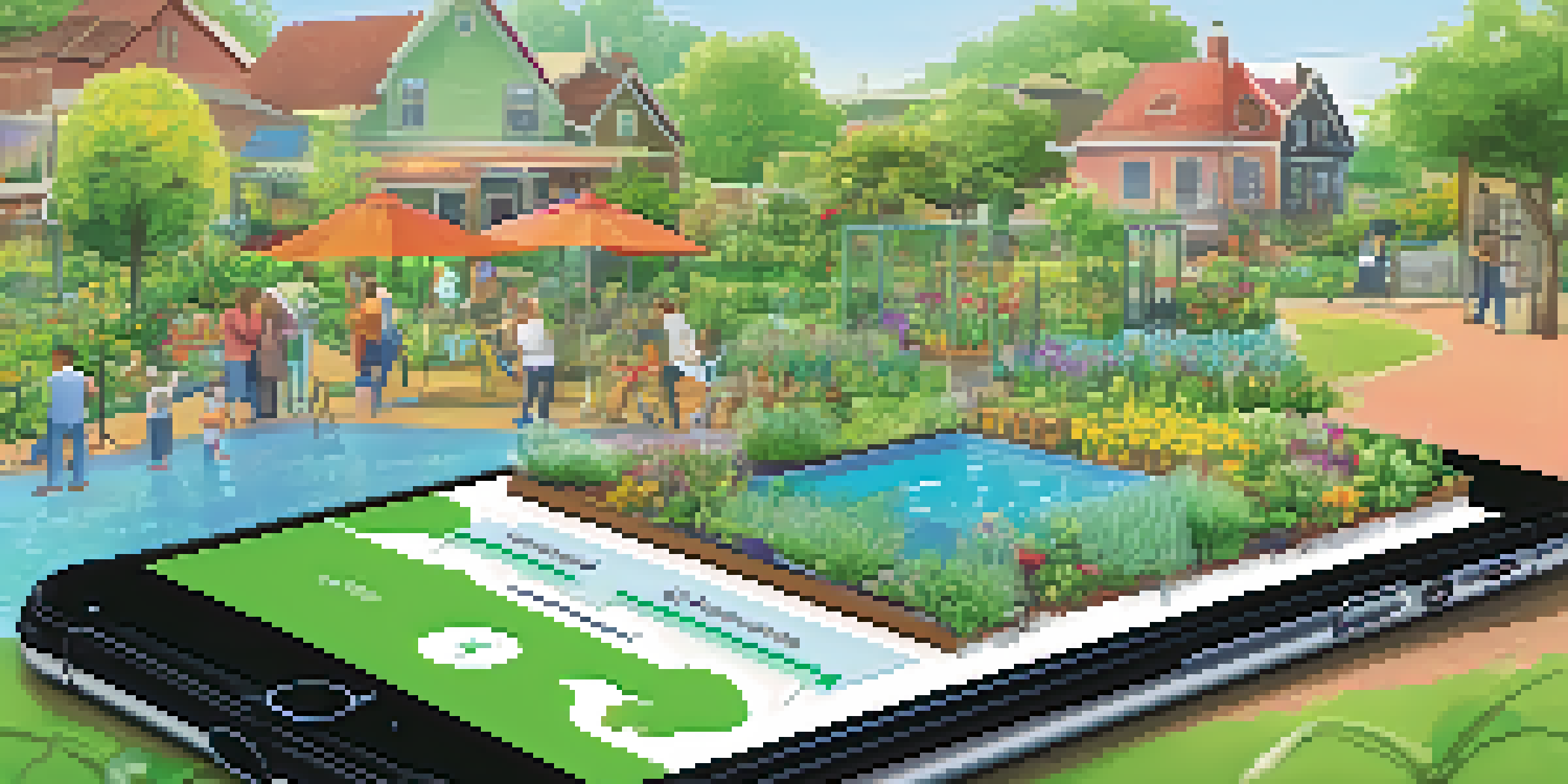 A smartphone displaying water usage data in a community garden, showcasing modern technology in water management.