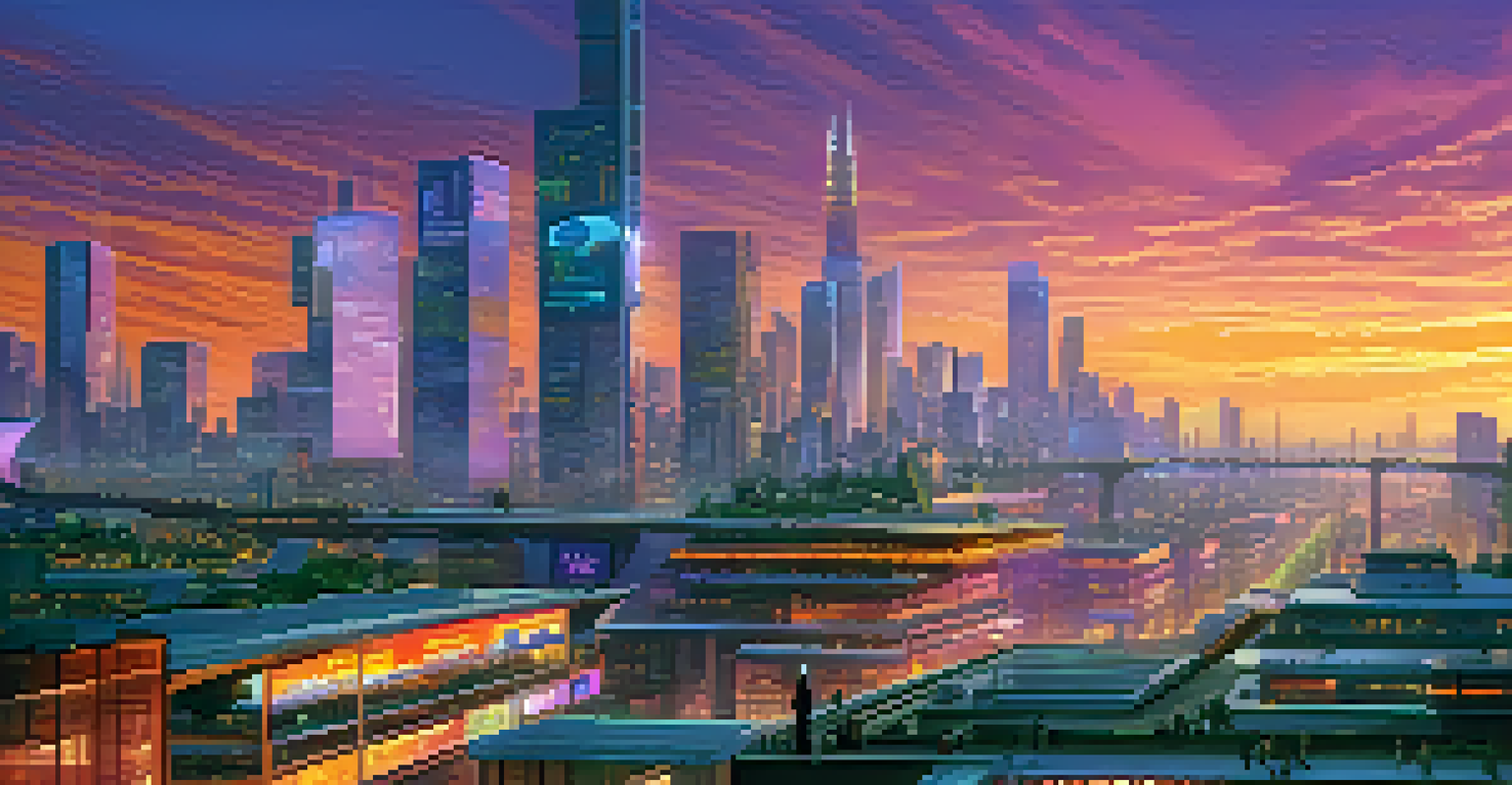 A futuristic city skyline at dusk, with vibrant sunset colors and busy streets.