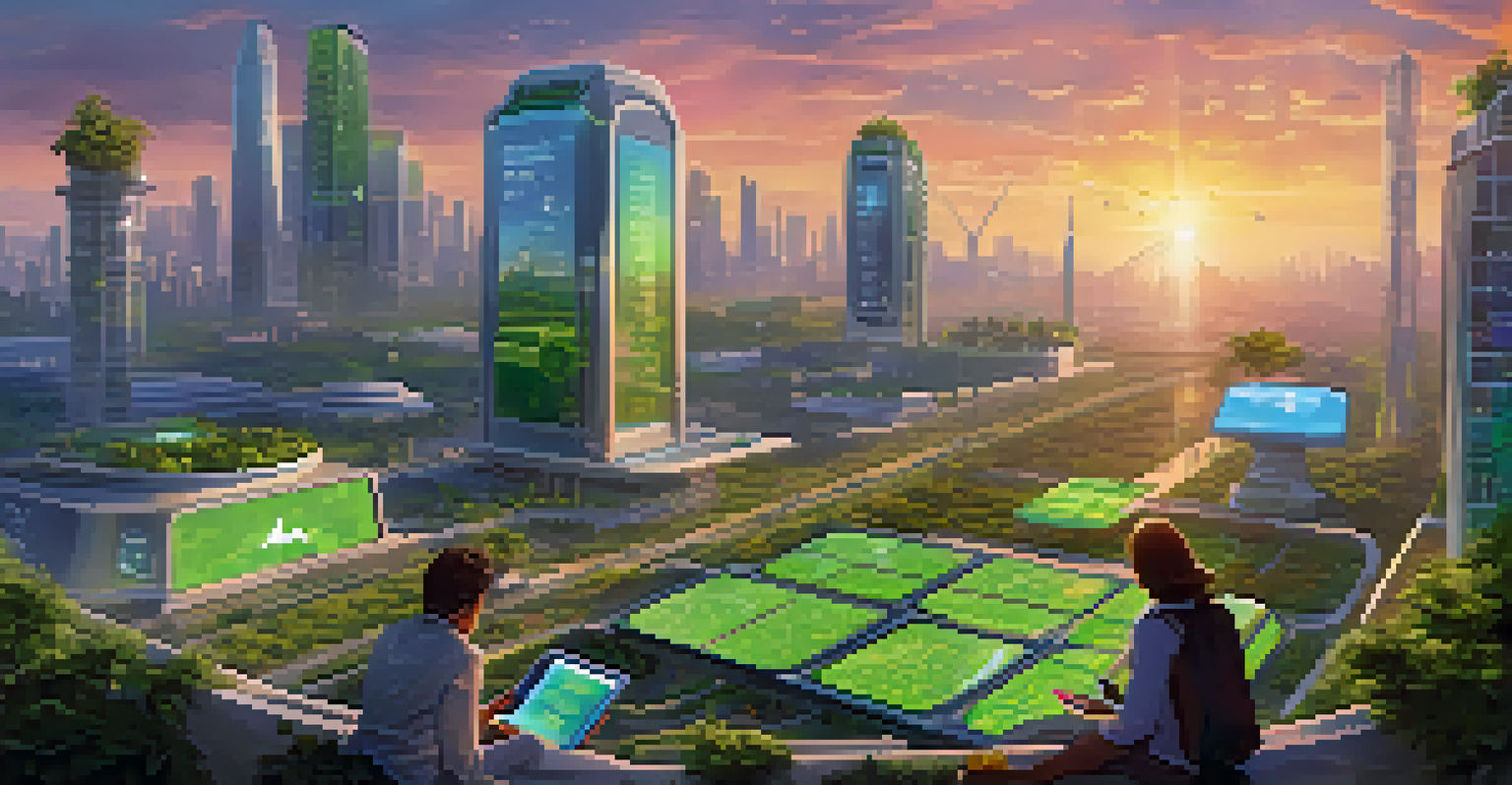 A futuristic cityscape showcasing token standards with digital screens and greenery against a sunset backdrop.