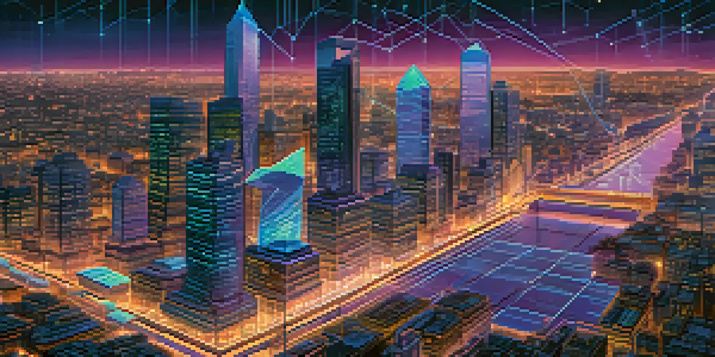 An illustration depicting a vibrant Ethereum Layer 1 network with interconnected nodes and a digital city skyline at dusk.