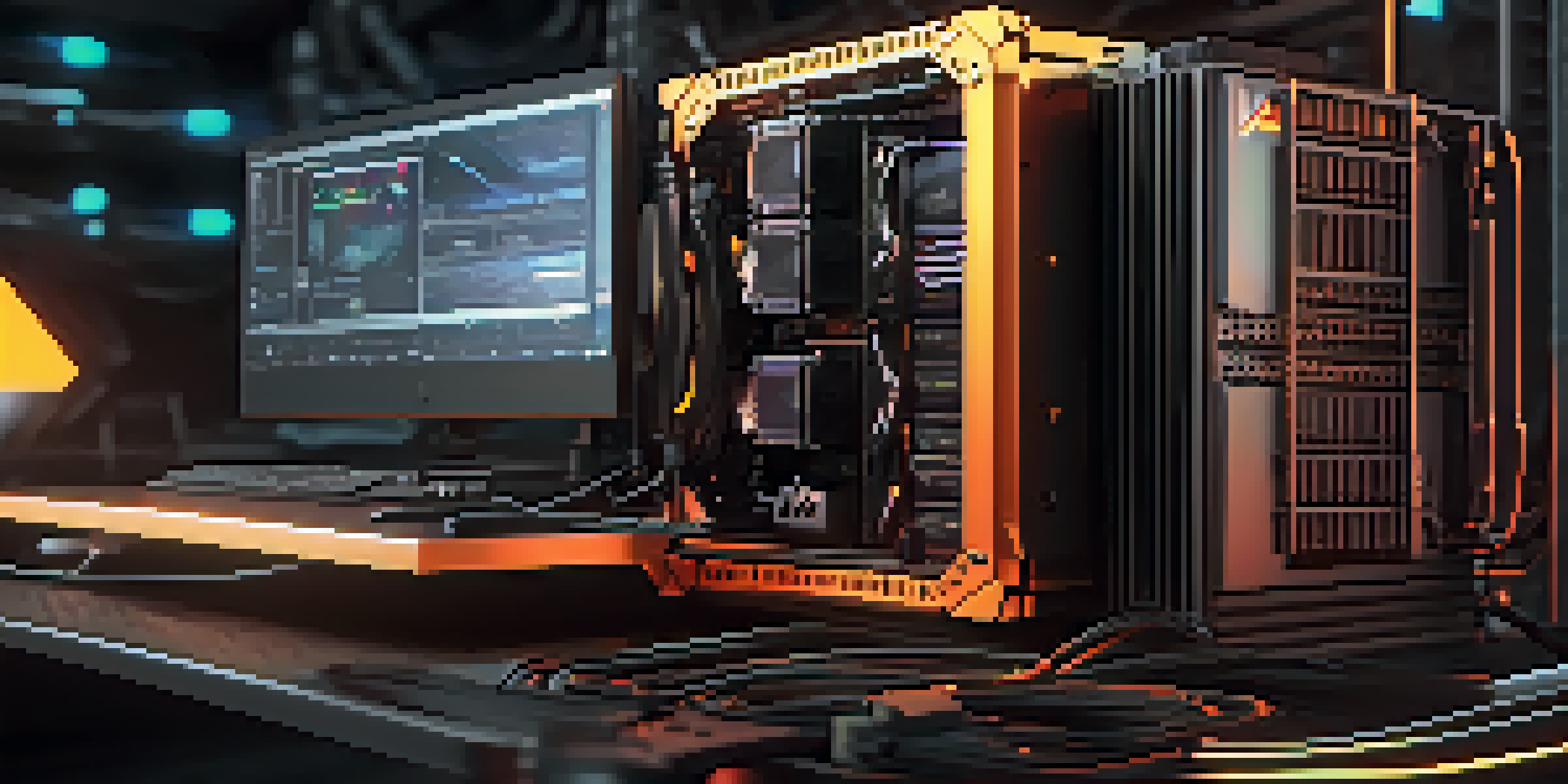 A close-up of an Ethereum mining rig with multiple GPUs and a digital monitor showing mining statistics.