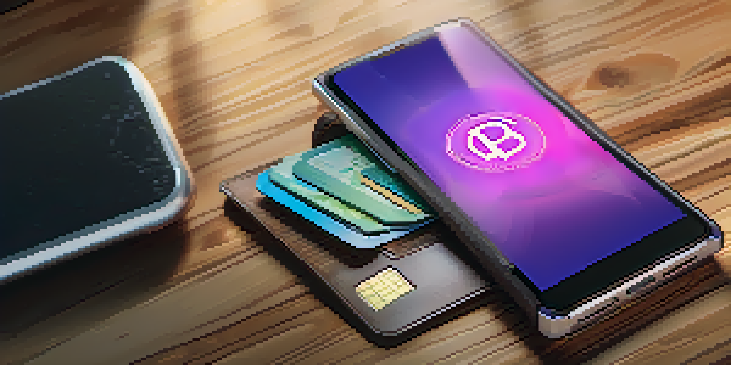 A hardware wallet on a wooden desk with a soft glow, showing its digital interface and a smartphone next to it.