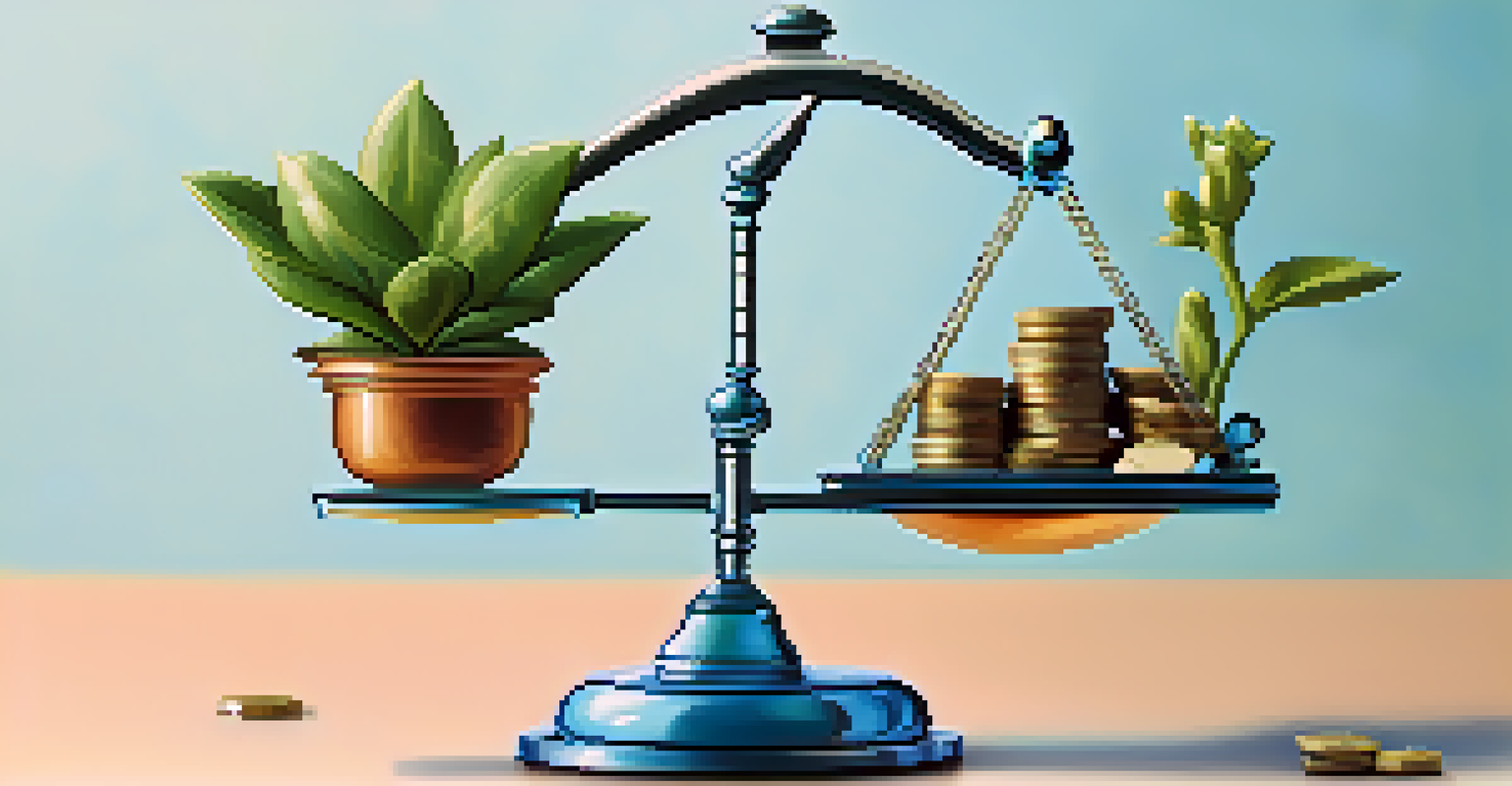 An abstract balance scale with coins on one side and a growing plant on the other, set against a soft gradient background.