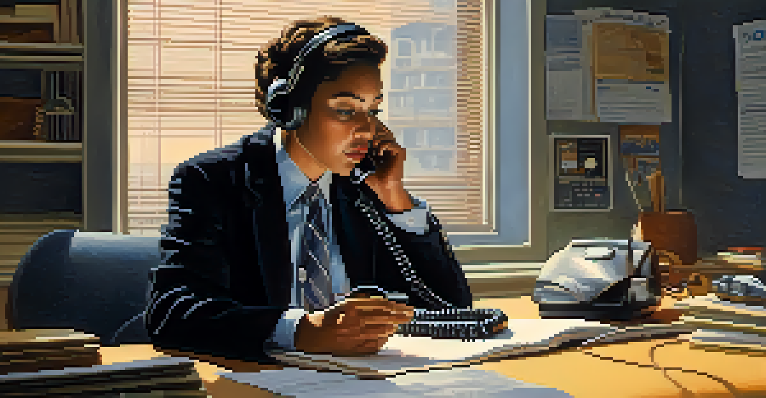 A person at a desk receiving a phone call with a worried expression, surrounded by anxiety cues and soft lighting.