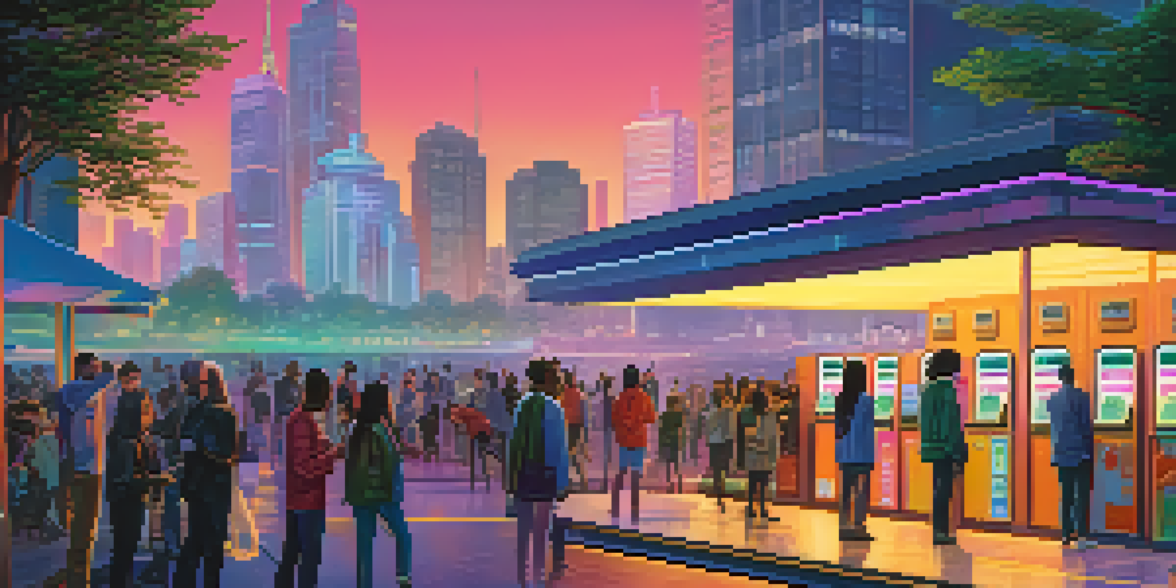A vibrant cityscape during dusk with people of various ethnicities voting at a modern decentralized voting station using smartphones, surrounded by neon lights and greenery.