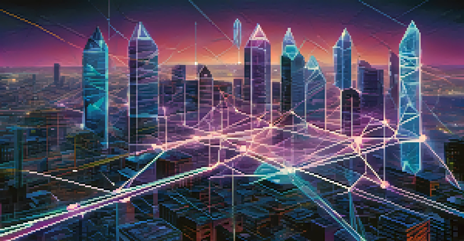 An abstract cityscape with interconnected nodes representing Ethereum's smart contracts, showcasing seamless asset transfers with bright lines of light.
