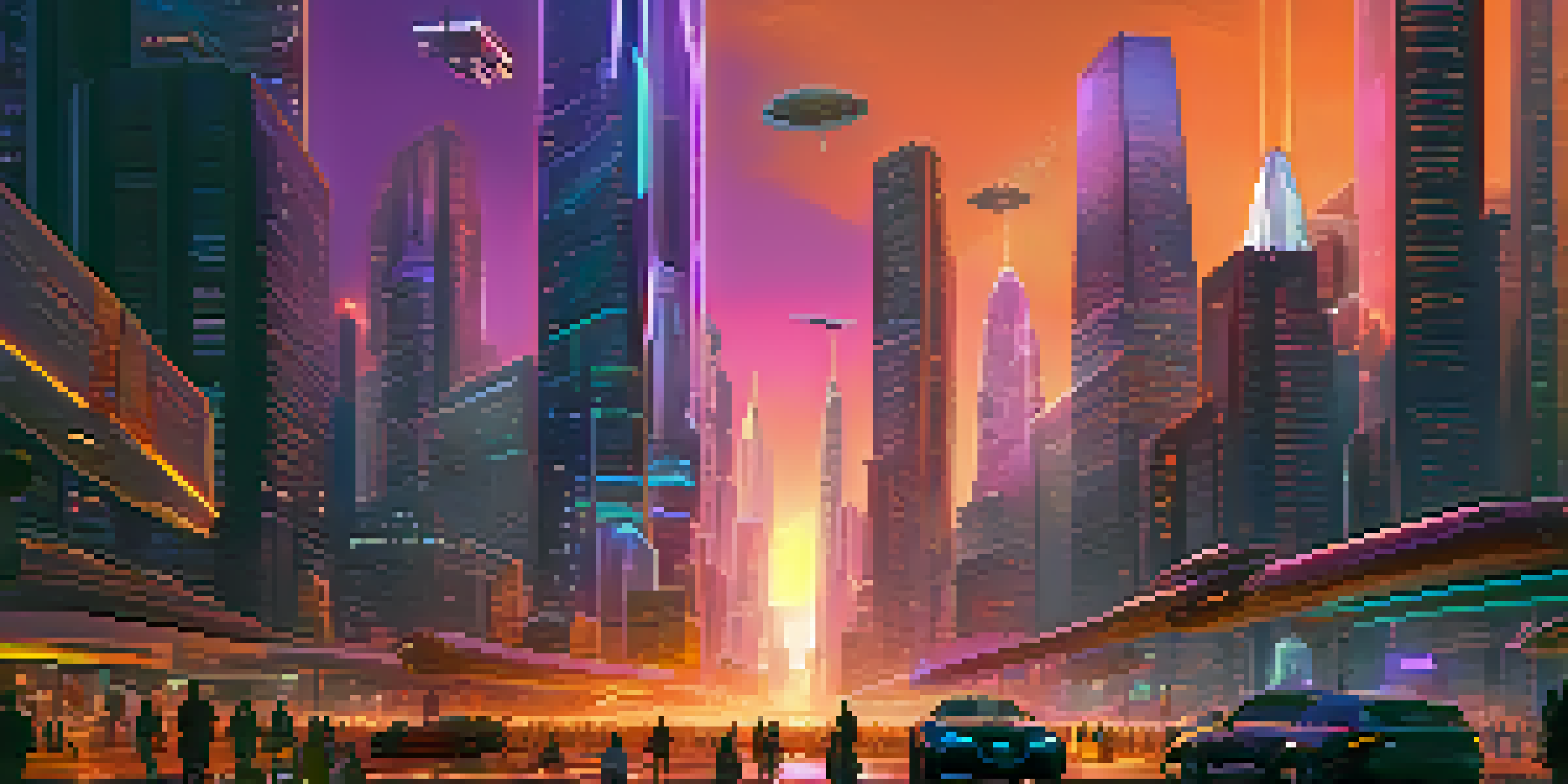 A vibrant futuristic cityscape at sunset with neon lights and flying vehicles.