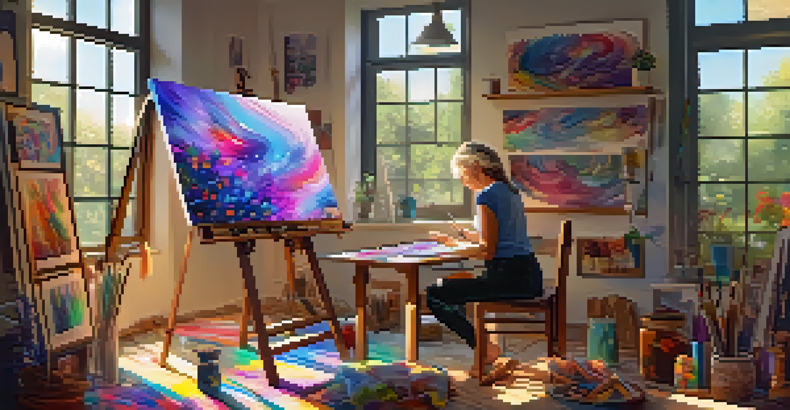 An artist's studio with a digital screen showcasing NFT art, sunlight streaming through the window, and an artist working on a tablet.