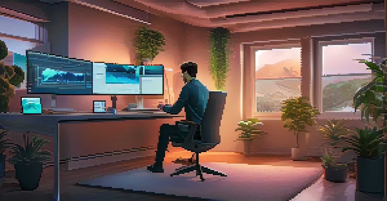 A modern home office with a person trading on a decentralized marketplace using a laptop, surrounded by screens and greenery.