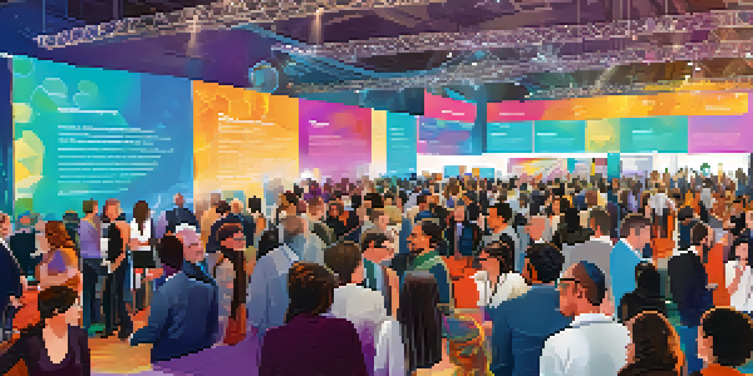 A busy conference hall with attendees discussing and networking, surrounded by colorful booths showcasing blockchain technology.