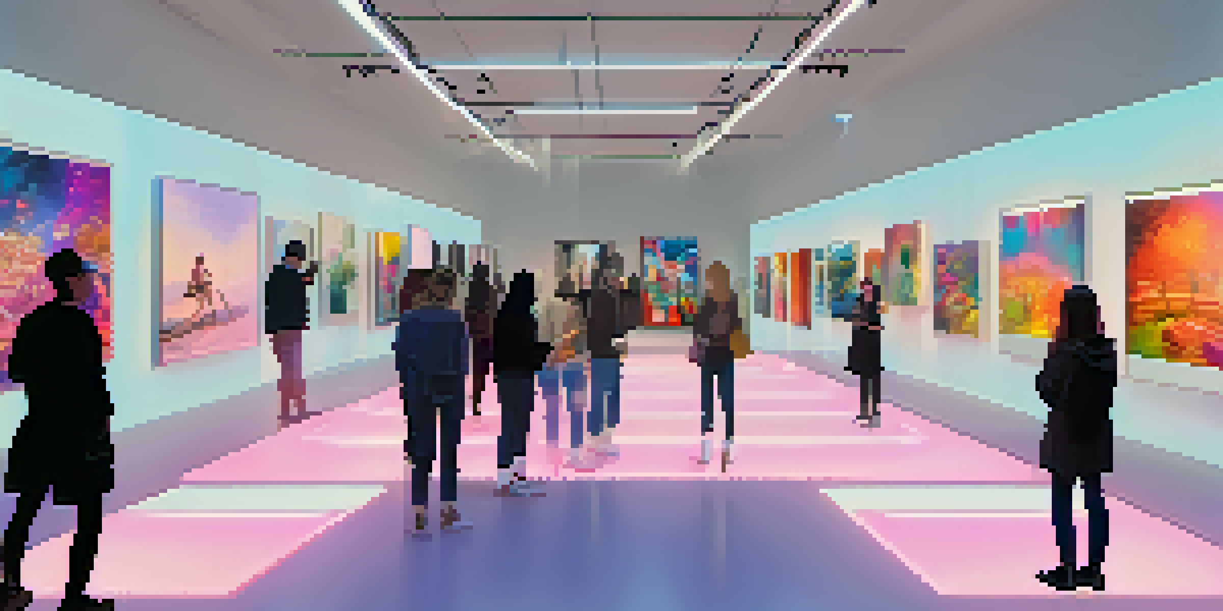A lively digital art gallery with visitors admiring vibrant NFT artworks displayed on modern screens.