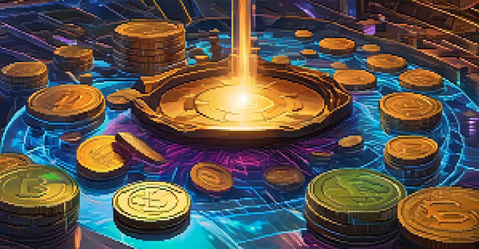 An artistic depiction of token minting on the Ethereum blockchain, showcasing a digital forge with colorful tokens being created and dynamic light effects.