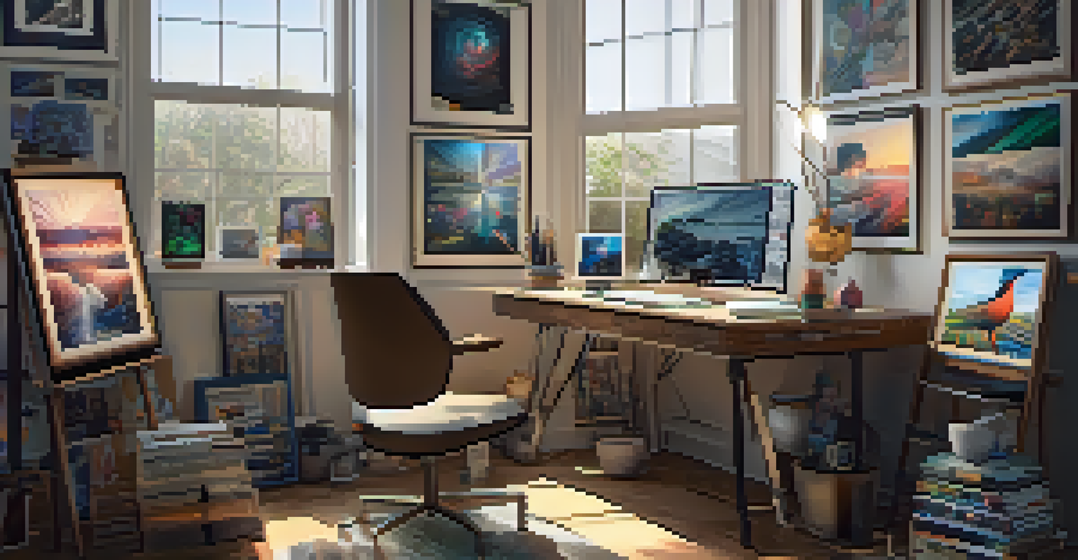 An artist's workspace with digital artworks representing ERC-721 tokens, illuminated by natural light.