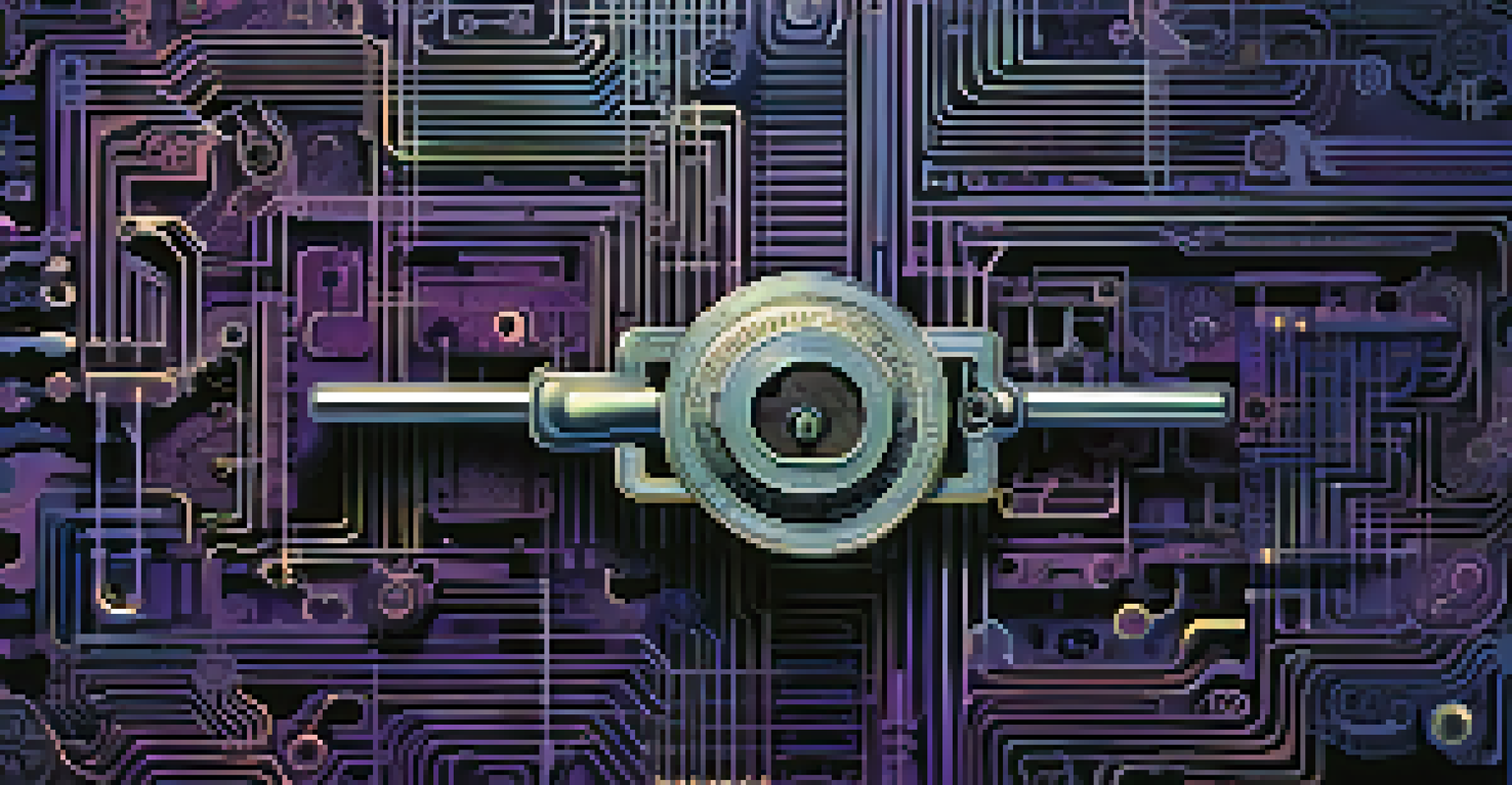 An abstract image of two identical keys and a complex lock mechanism, with a background of intricate patterns and binary code.
