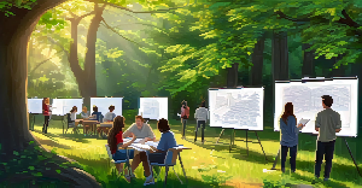 Students participating in a peer-to-peer coding workshop in a natural outdoor setting.