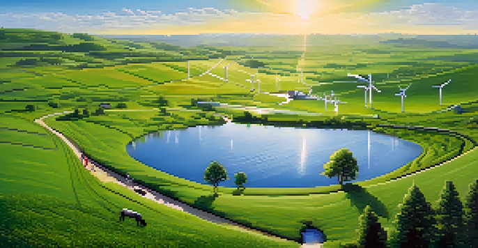 A picturesque landscape with a green field, blue sky, and people discussing renewable energy, featuring wind turbines and solar panels in the background.