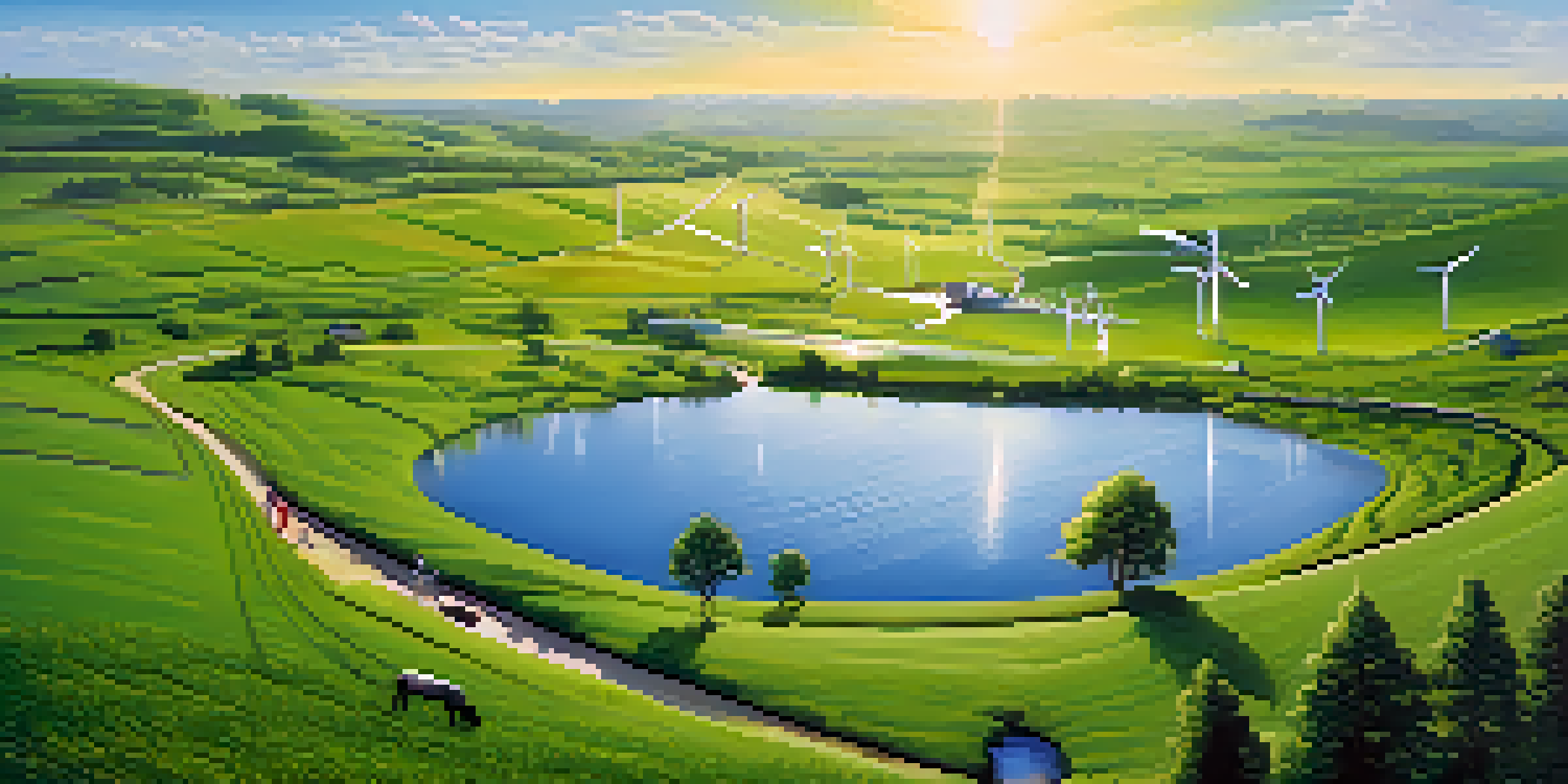 A picturesque landscape with a green field, blue sky, and people discussing renewable energy, featuring wind turbines and solar panels in the background.