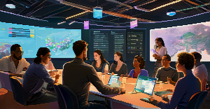 A diverse group of people discussing Ethereum governance around a large table with modern technology and charts.