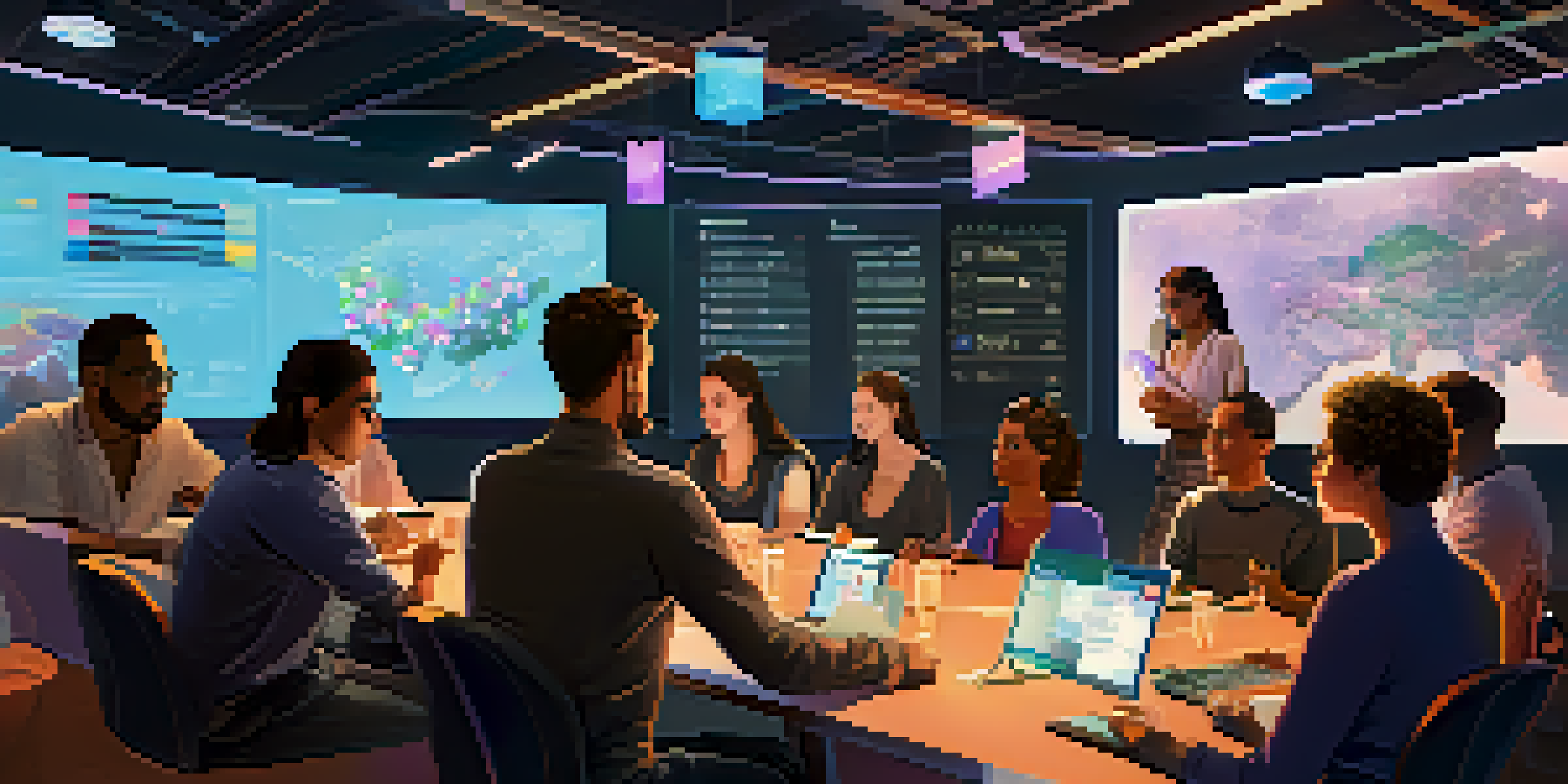 A diverse group of people discussing Ethereum governance around a large table with modern technology and charts.