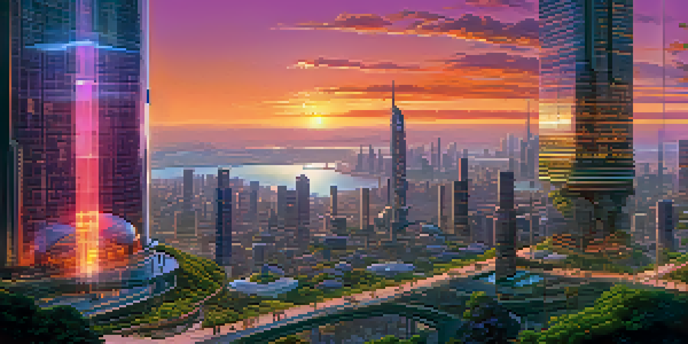 A vibrant futuristic cityscape with advanced buildings and diverse people interacting with digital screens at sunset.