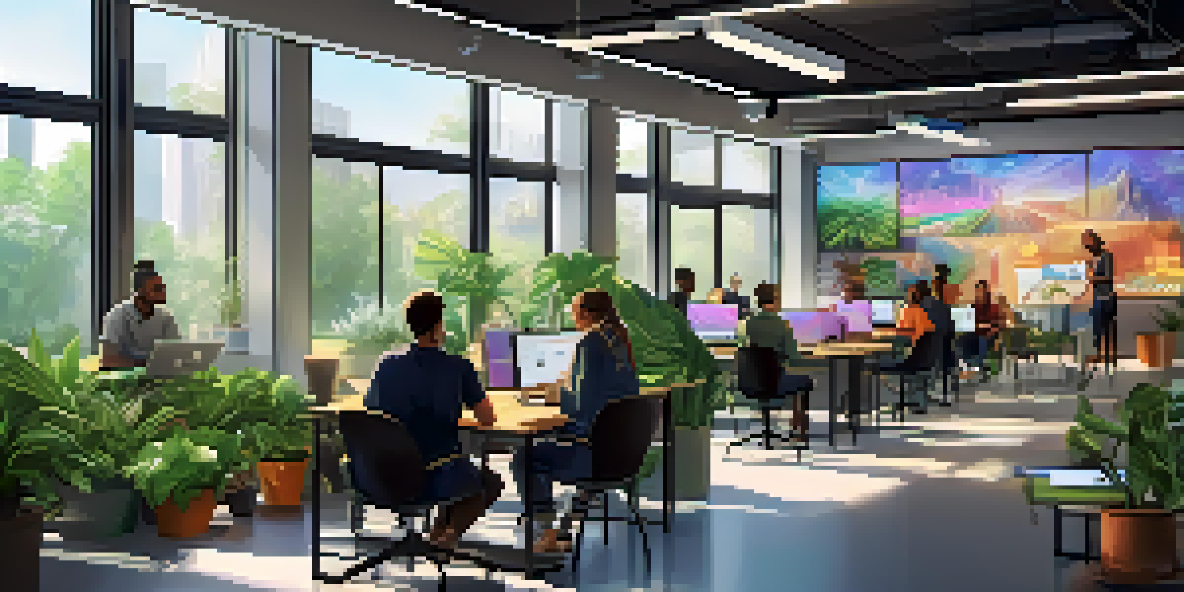A modern office with diverse people working together on laptops, filled with plants and bright art, highlighting Ethereum's role in charity.