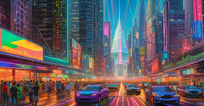 A colorful cityscape representing the Ethereum network, with skyscrapers symbolizing dApps and animated cars depicting transactions.