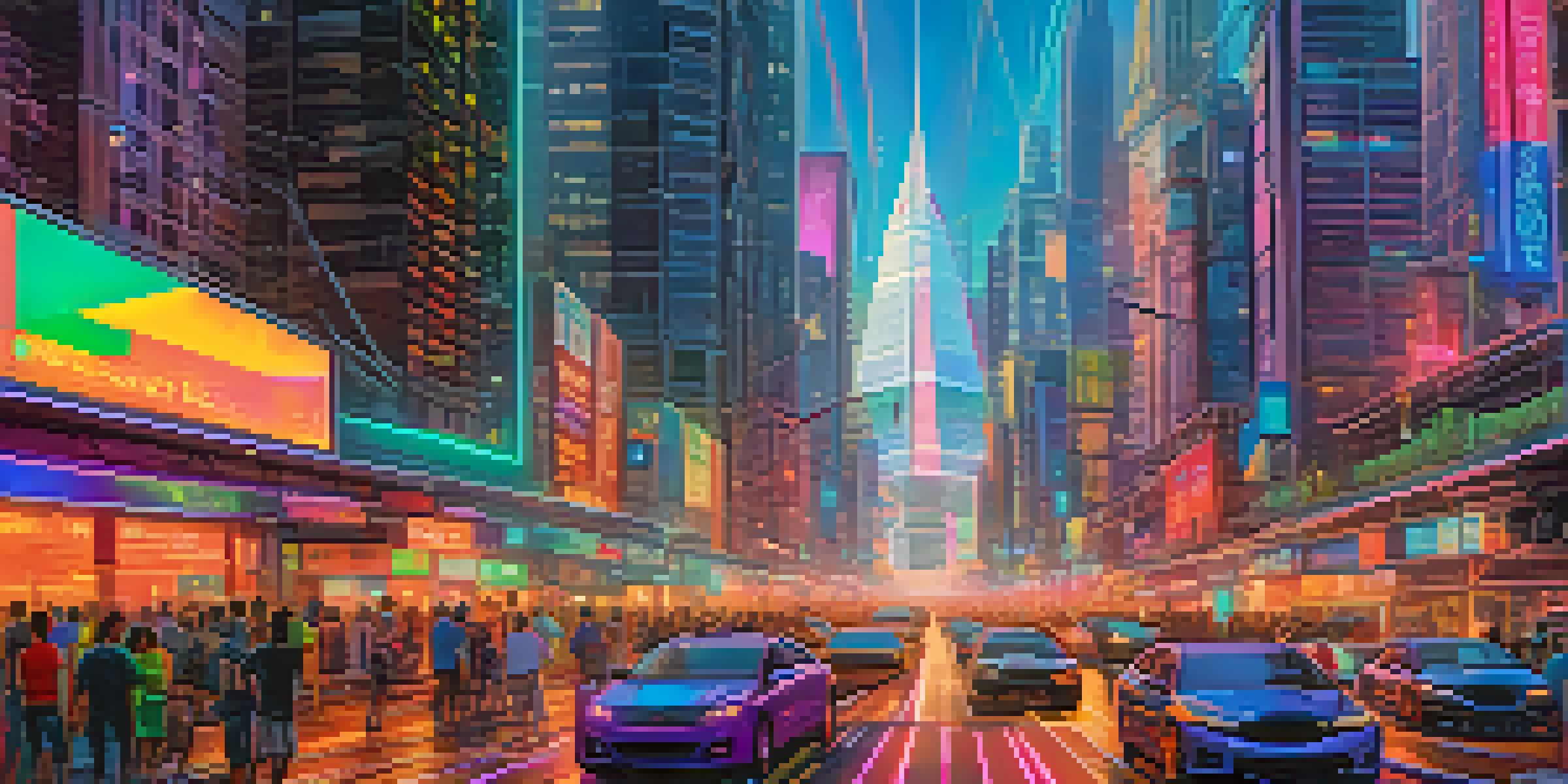 A colorful cityscape representing the Ethereum network, with skyscrapers symbolizing dApps and animated cars depicting transactions.