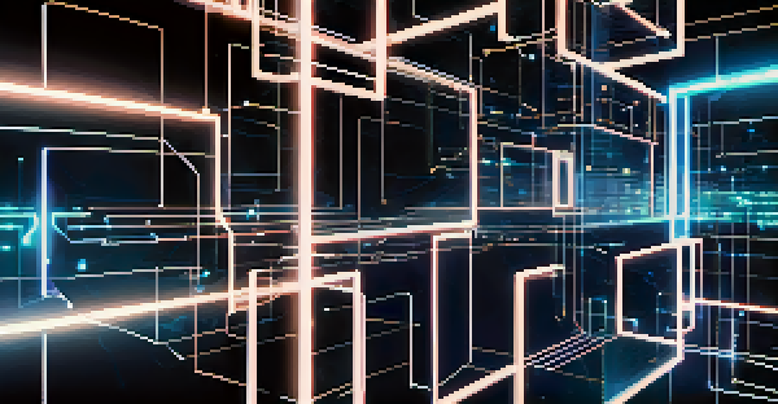 A digital illustration of interconnected blockchain blocks with glowing lines and binary code.