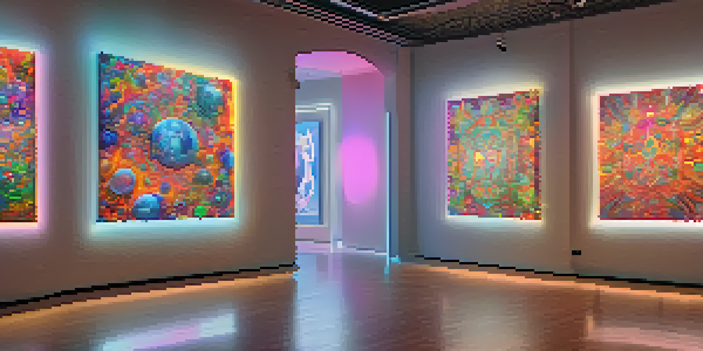 A digital art gallery featuring colorful NFT artwork on screens, with soft lighting and abstract designs on the walls.