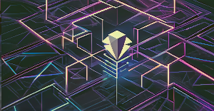 An abstract representation of Ethereum's blockchain with interconnected blocks and glowing lines on a deep blue and purple background.