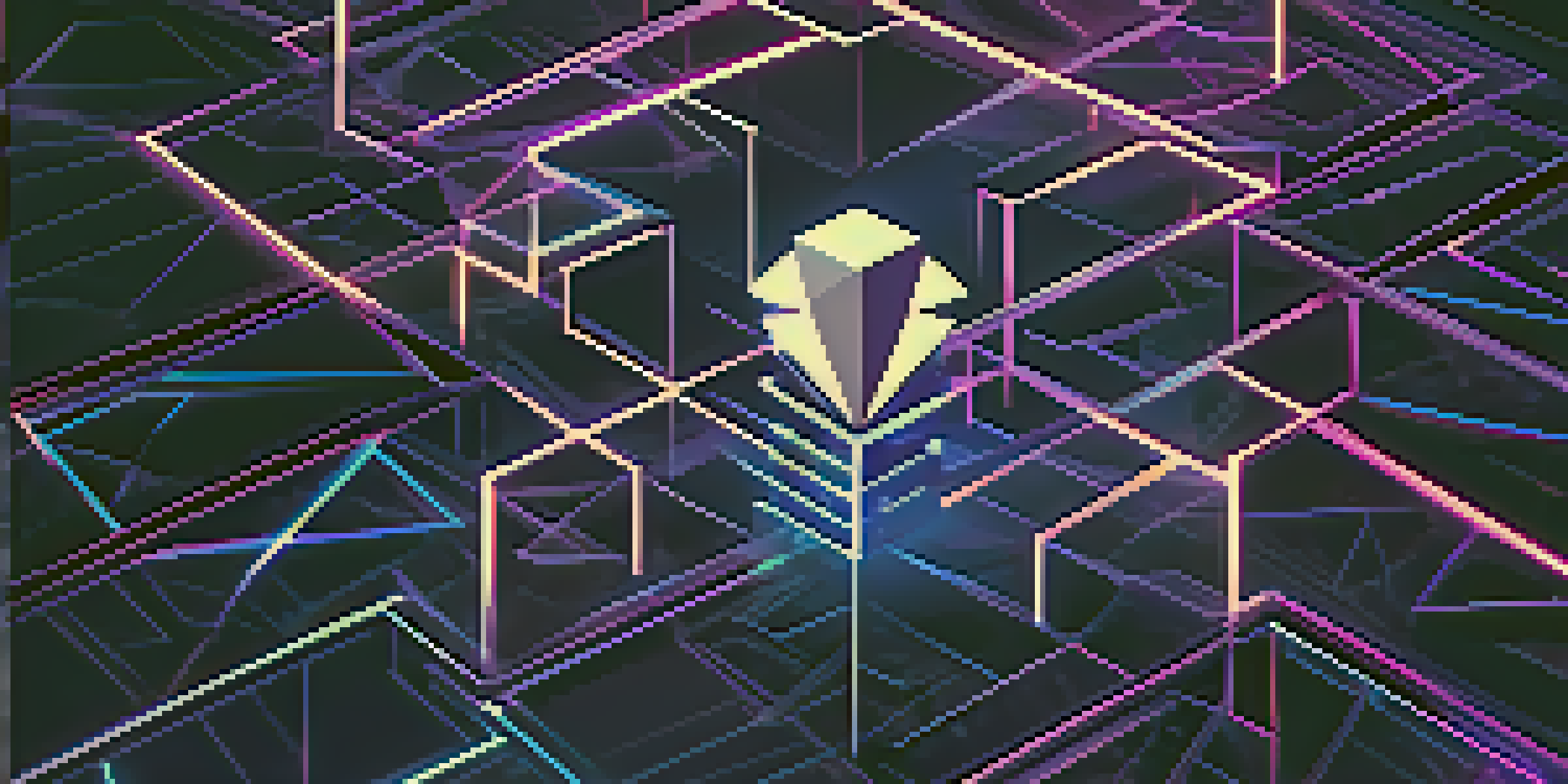 An abstract representation of Ethereum's blockchain with interconnected blocks and glowing lines on a deep blue and purple background.