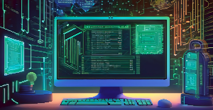 A close-up view of a computer screen displaying smart contract code, with security elements like locks and shields in the background, bathed in a warm glow.