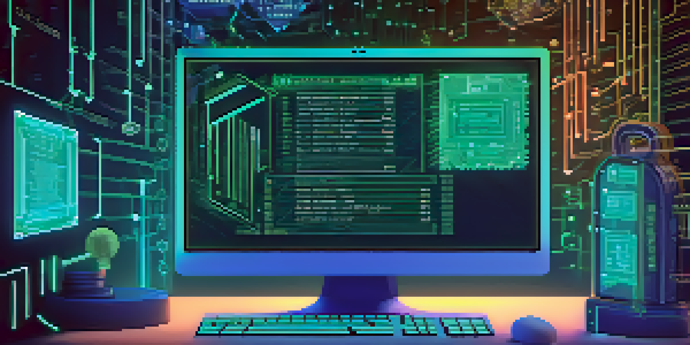 A close-up view of a computer screen displaying smart contract code, with security elements like locks and shields in the background, bathed in a warm glow.