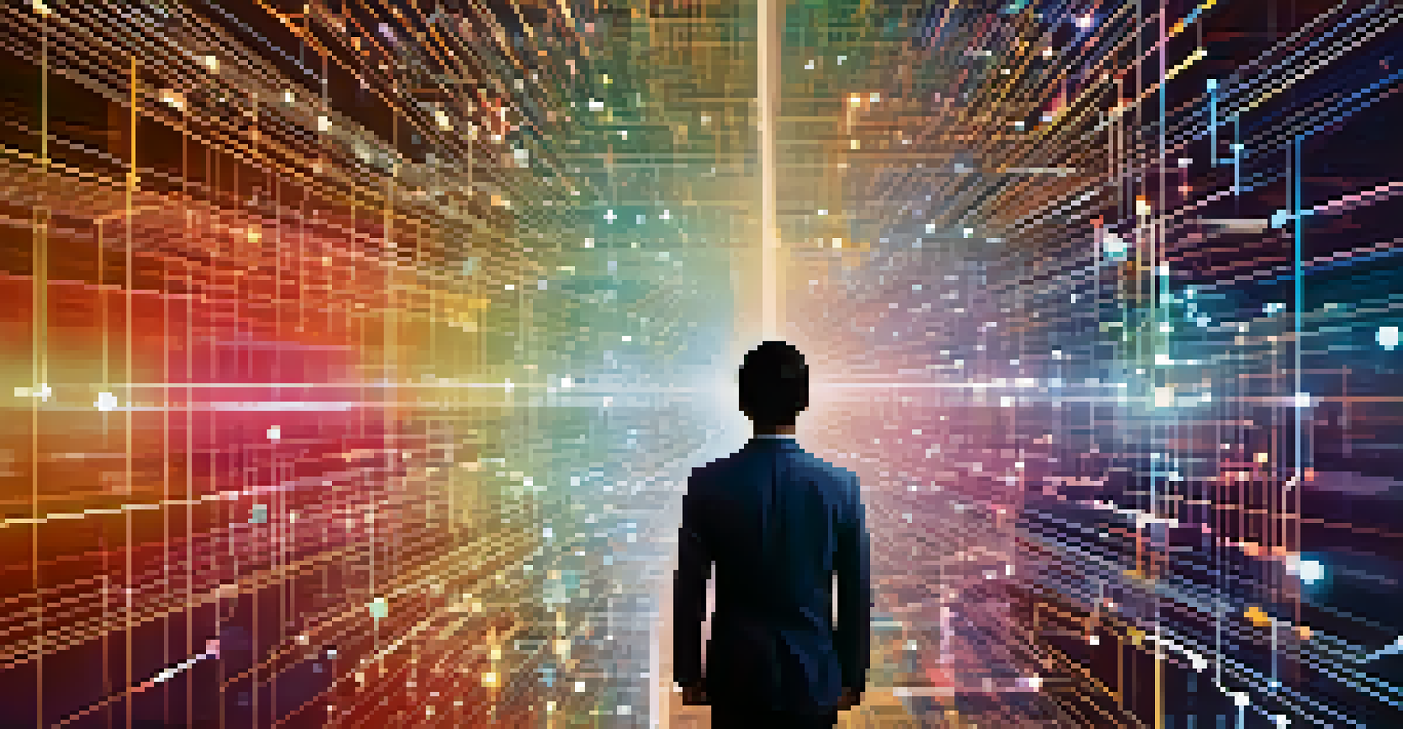 A person in front of a digital network representing decentralized identity, with bright colors symbolizing secure data management.