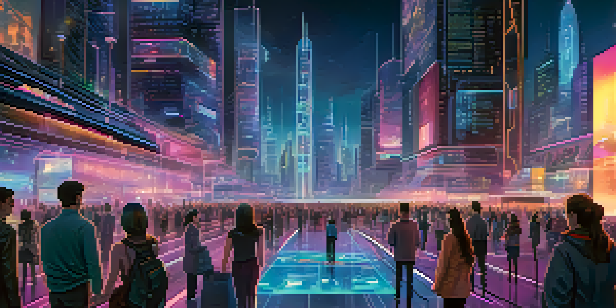 A futuristic city with glowing digital screens and diverse people interacting with holographic interfaces at twilight.