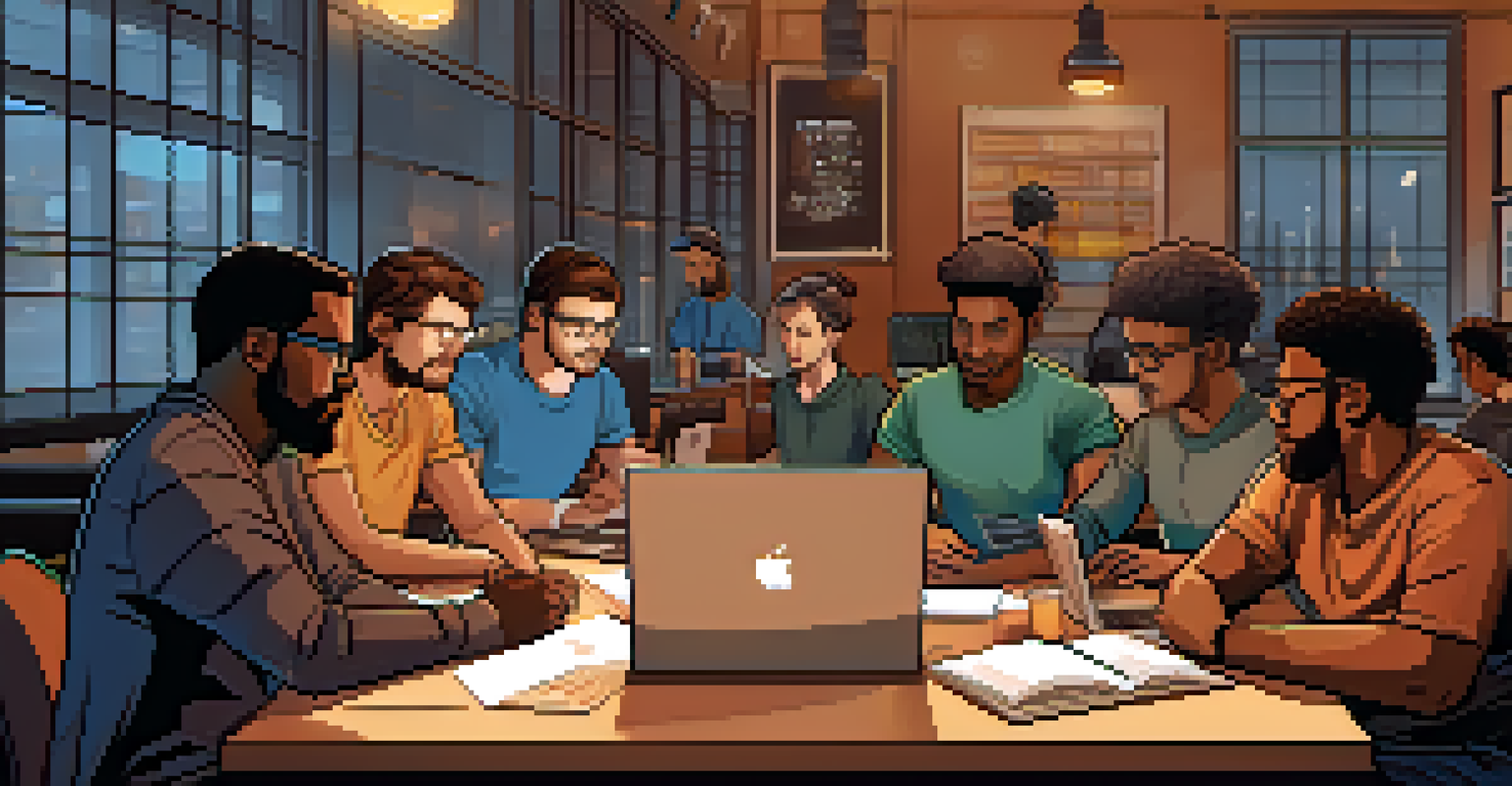 A diverse group of software developers working together over a laptop in a cozy coffee shop, discussing Solidity programming.