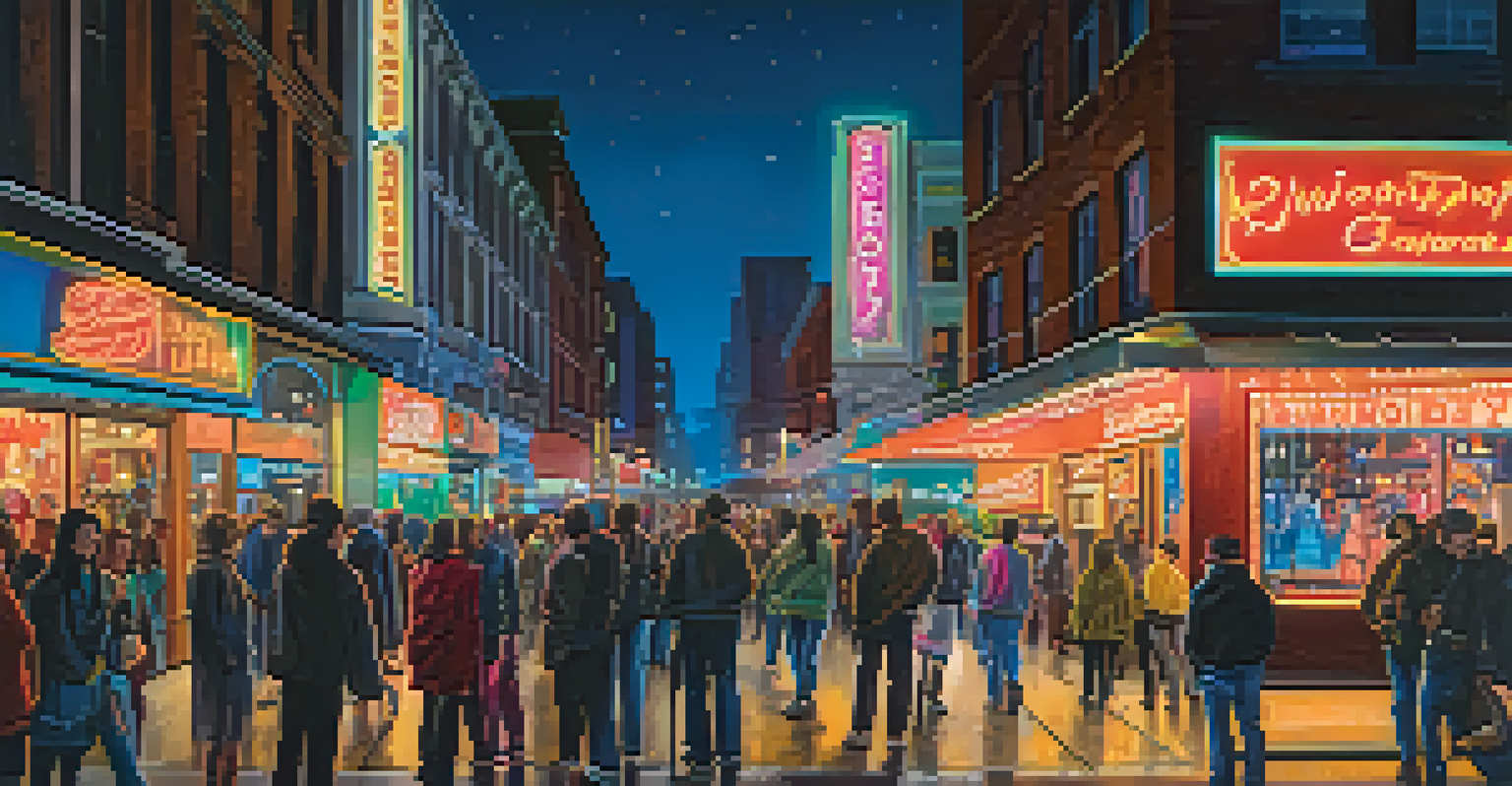 A lively urban street at night filled with people, neon lights, and street performers.