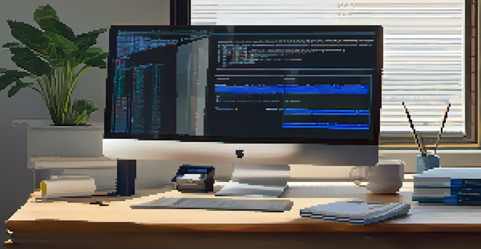 A contemporary office setup with a computer showing code for Ethereum smart contracts, surrounded by technical books and blueprints, illuminated by natural light.