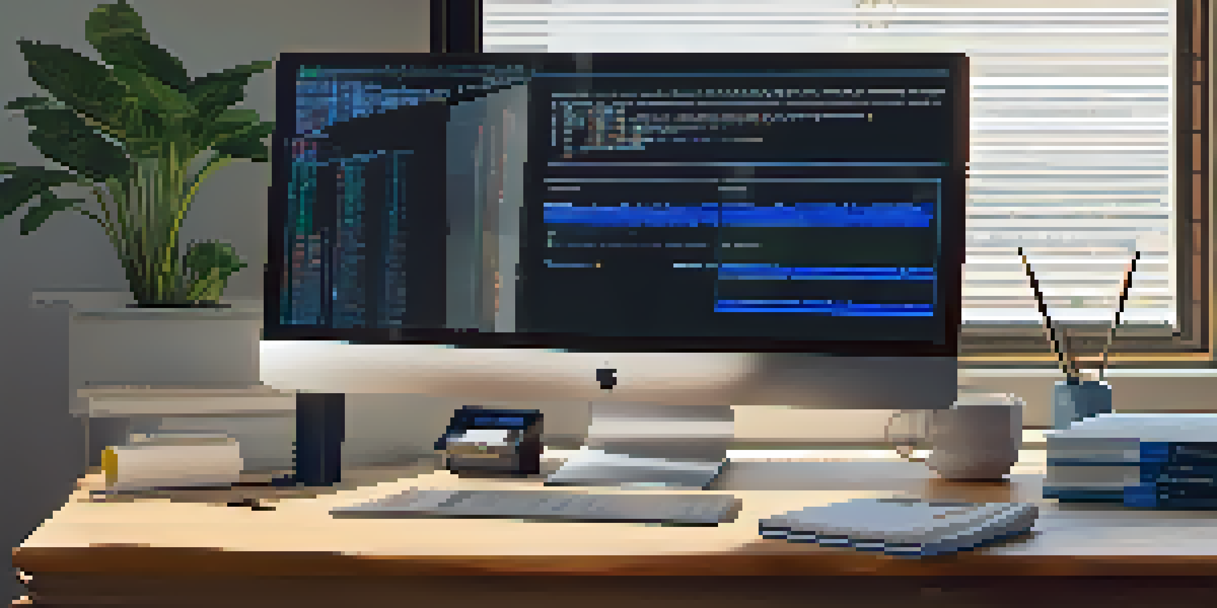 A contemporary office setup with a computer showing code for Ethereum smart contracts, surrounded by technical books and blueprints, illuminated by natural light.