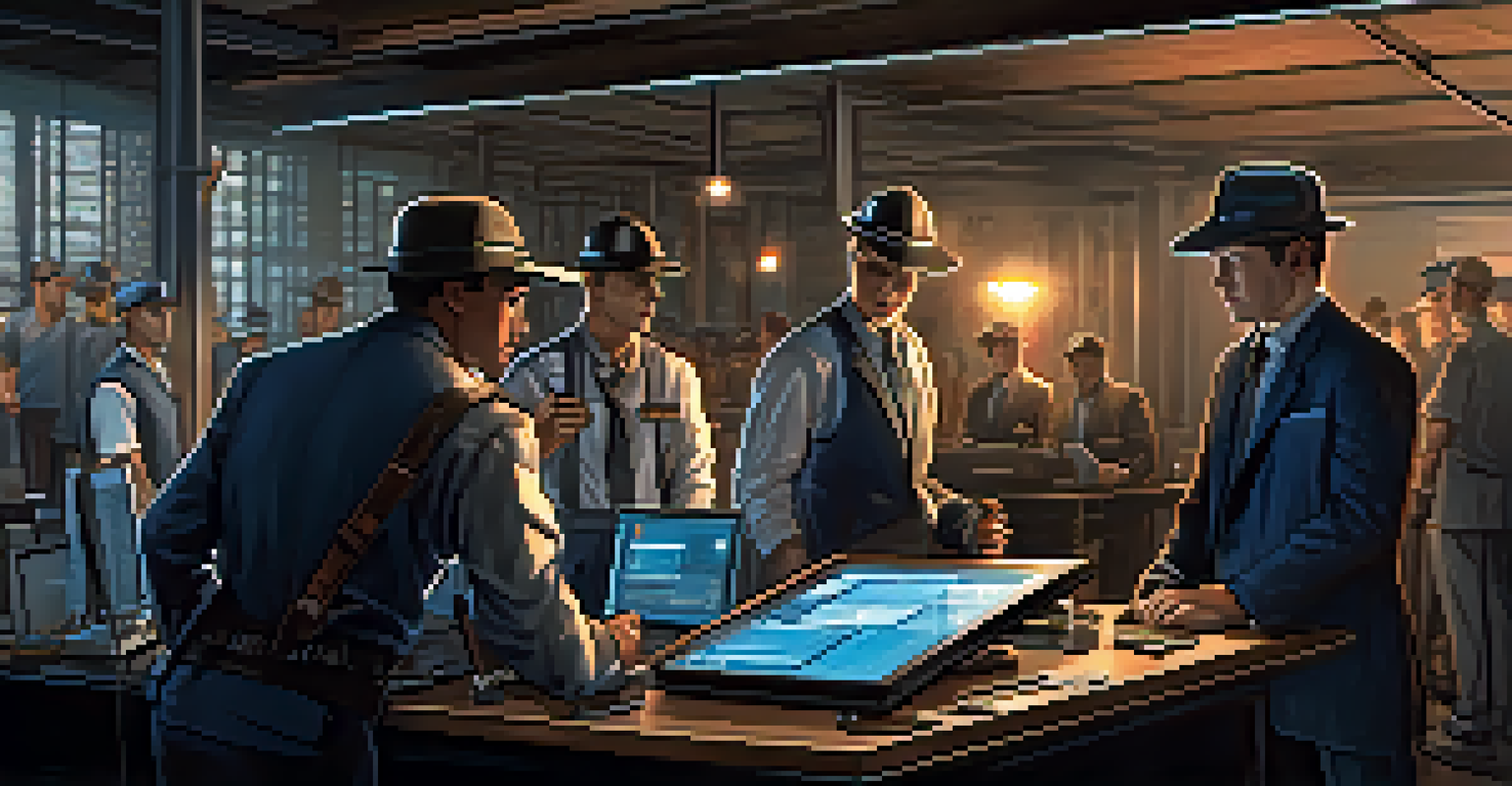 Miners depicted as detectives validating transactions in an Ethereum blockchain, collaborating around a table with ledgers and high-tech gadgets.