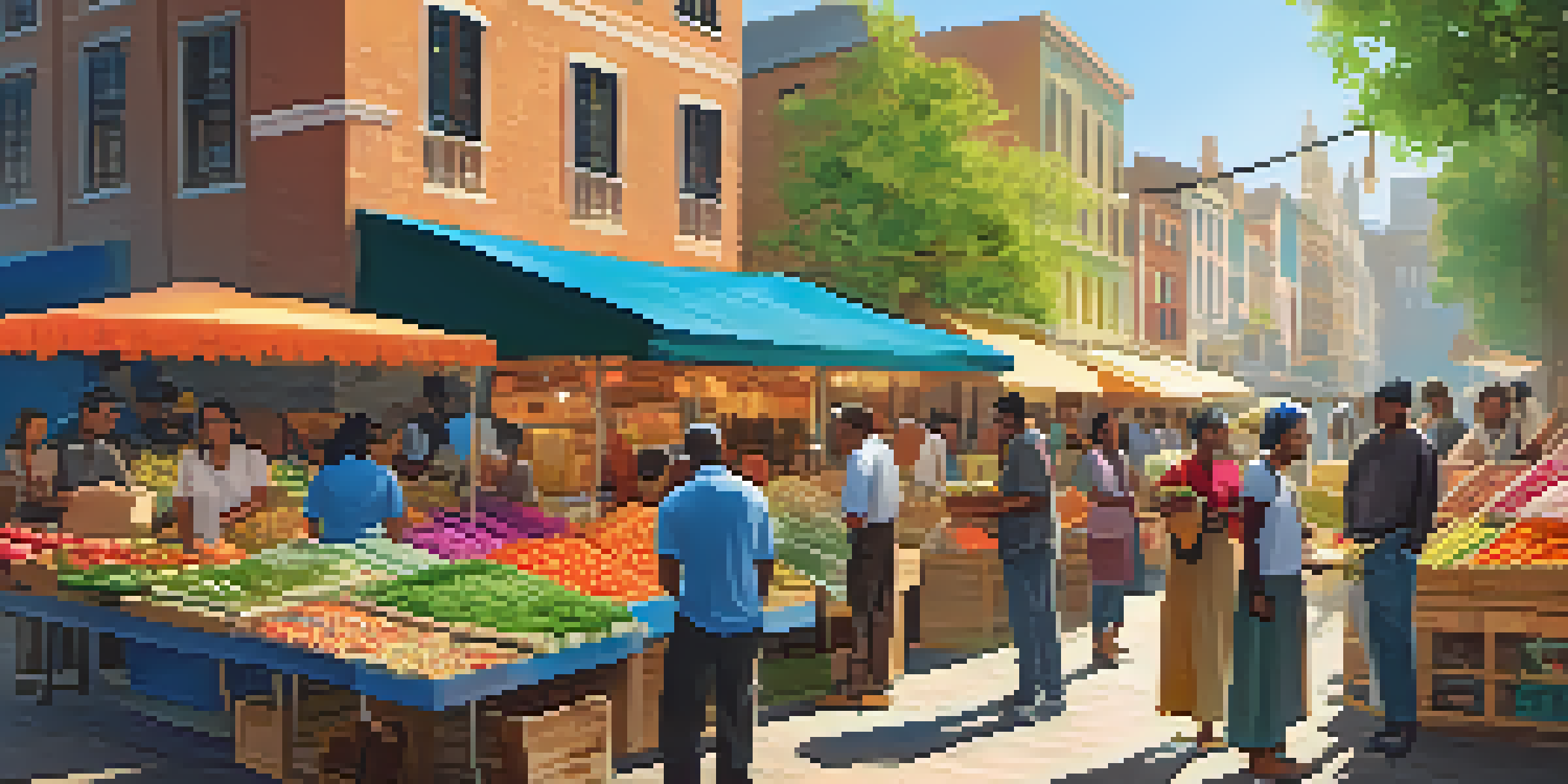 A lively digital marketplace with diverse people trading handmade crafts, vintage clothes, and fresh produce under warm sunlight, showcasing community and connection.