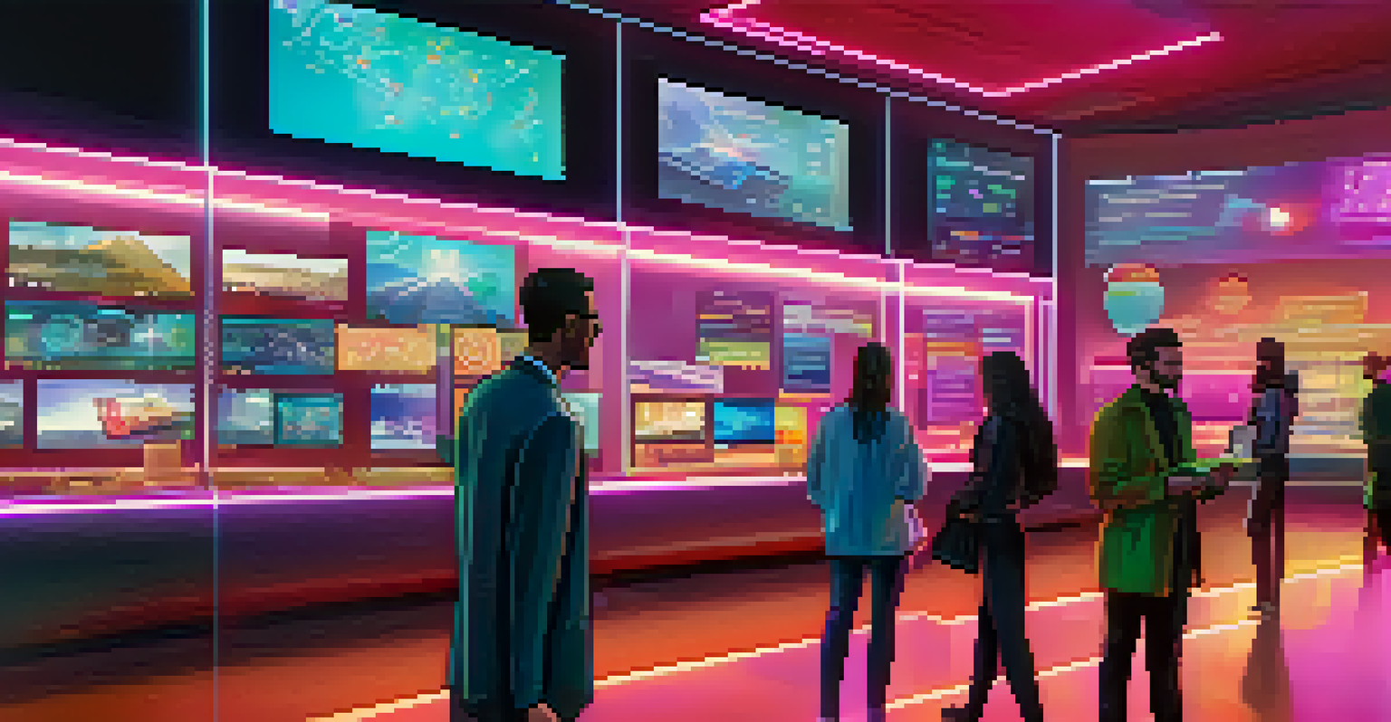 A digital marketplace scene with users interacting with cryptocurrencies and digital artworks on holographic screens.