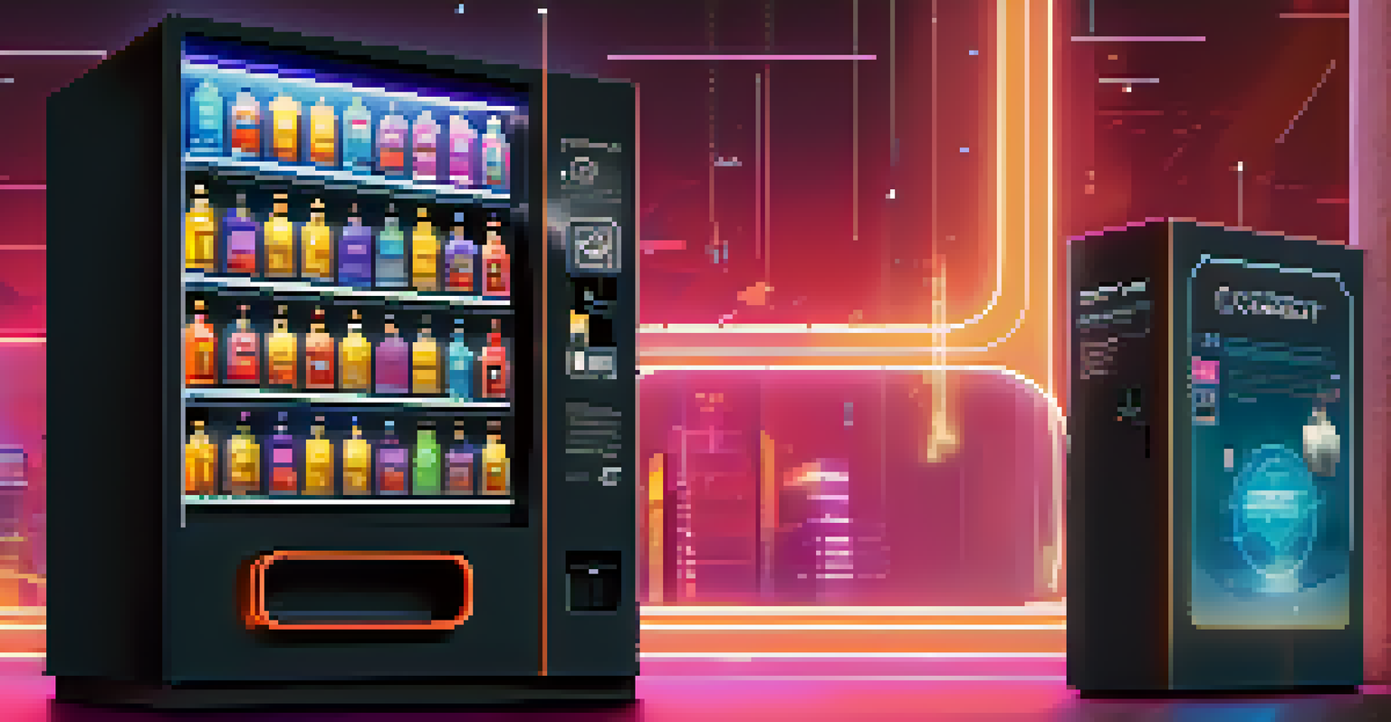 A futuristic vending machine symbolizing a smart contract, dispensing unique tokens, with glowing lights and a stylized blockchain network in the background.
