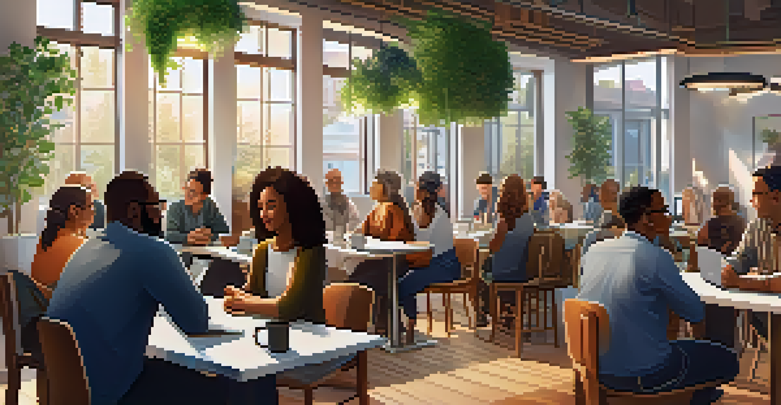 A community meeting in a café with diverse individuals discussing blockchain governance.